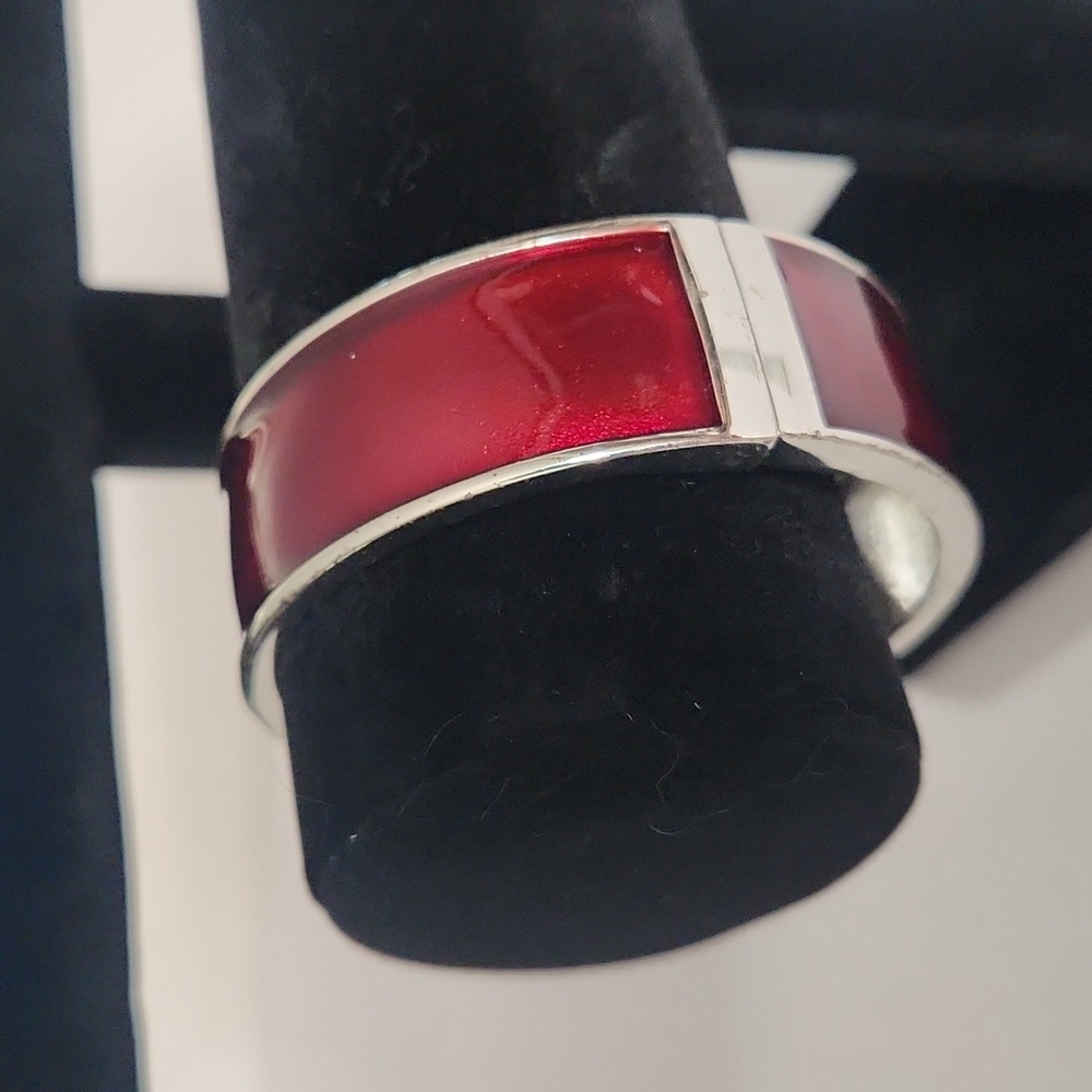 Silver & Deep Red Merlot Enamel Hinge Bangle Bracelet – Modern Statement Cuff - Picture 3 of 8